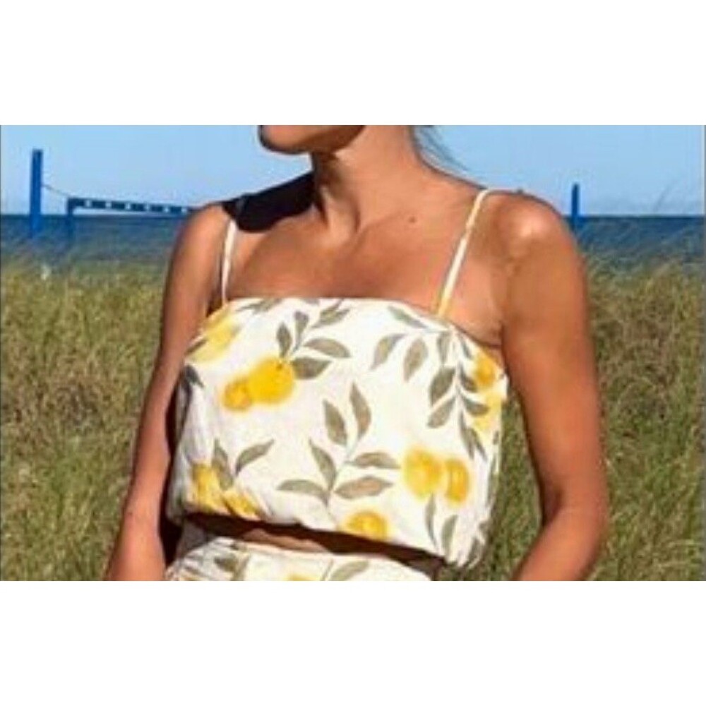 Z Supply Paige Citrus Linen Bubble Hem Crop Top SMALL White Oranges Lemons Cute